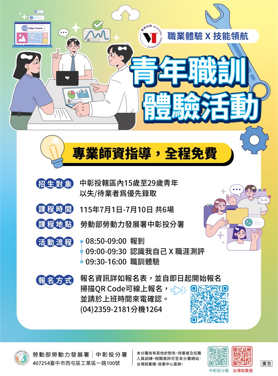 勞動部勞動力發展署中彰投分署 一日職訓體驗計畫