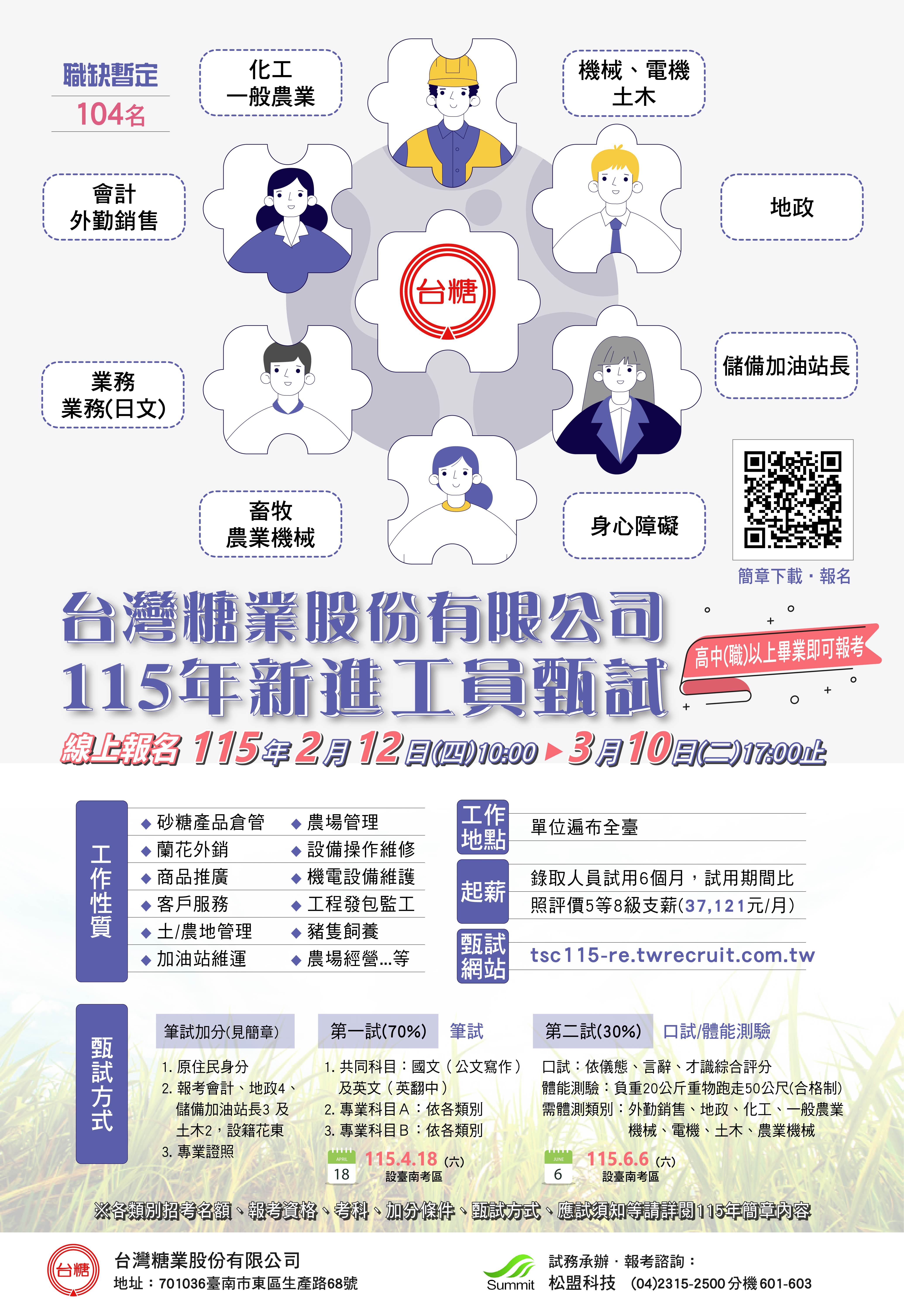 台灣糖業股份有限公司115年新進工員甄試簡章